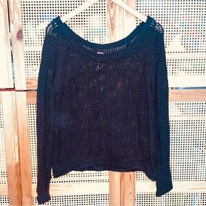 Free People Navy Crochet extraWide Scoopneck Cotton Sweater